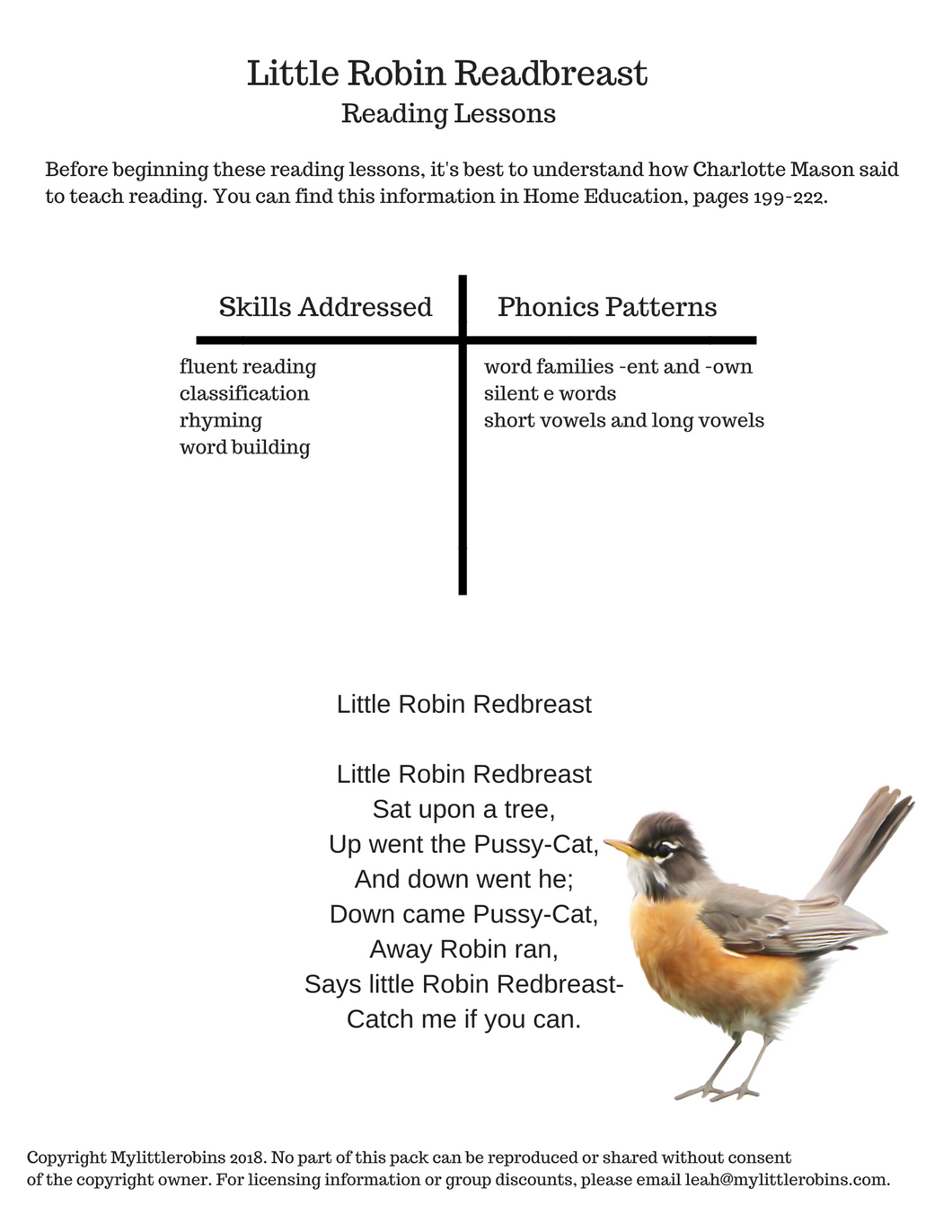 Little Robin Redbreast Printable Reading Pack